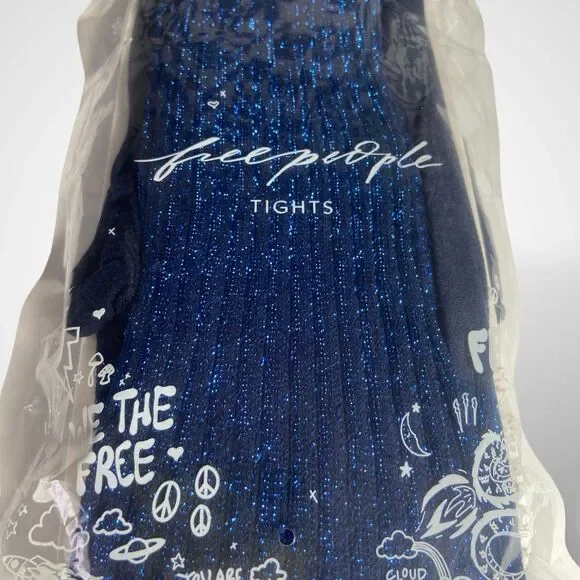 Free People Shimmer Tights NEW Dark Blue Ribbed One Size Boho Fall Made in Italy - Picture 1 of 8